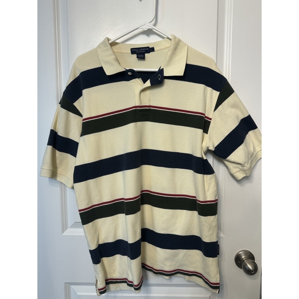 Daniel Cremieux Collection Men's Striped Polo Shirt L Cream Navy Golf Nautical‎
